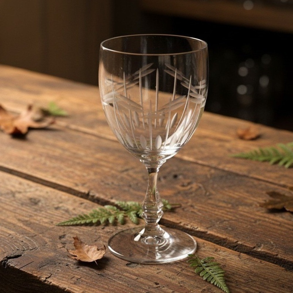 Floral Etched Wine Goblet, Vintage Leaf & Line Pattern, Clear Stemware Drinkware